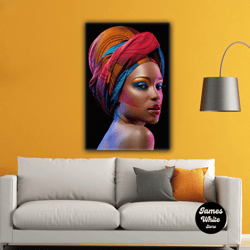 African Woman Red Scarf Makeup Modern Decorative Roll Up Canvas, Stretched Canvas Art, Framed Wall Art Painting