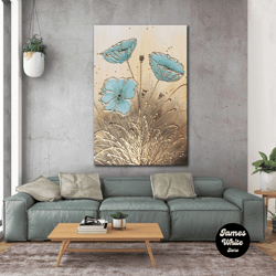 Blue Flower Wall Art, Gold Detail Canvas Art, Living Room Wall Decor, Roll Up Canvas, Stretched Canvas Art, Framed Wall