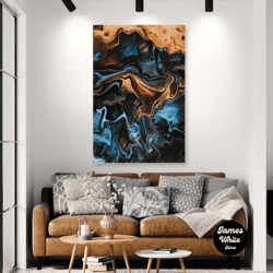 Blue Marbling Wall Art, Bronze Detailed Canvas Art, Abstract Wall Decor, Roll Up Canvas, Stretched Canvas Art, Framed Wa
