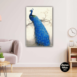 Blue Peacock Standing Branch With Oil Painting Effect Animal Roll Up Canvas, Stretched Canvas Art, Framed Wall Art Paint