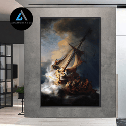 decorative wall art, rembrandt, the storm on the sea of galilee poster, christian canvas wall decor, dark printable wall