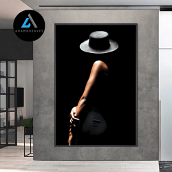 decorative wall art, woman in black hat rolled canvas print, woman in black dress canvas, woman in hat poster wall art,