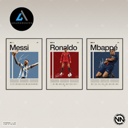 decorative wall art, lionel messi, cristiano ronaldo, kylian mbappe legends 3 canvas set, soccer gifts, sports canvas, f
