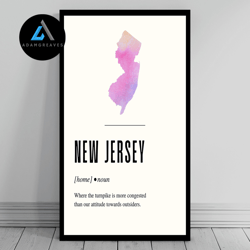 Decorative Wall Art, Funny New Jersey Definition Print  New Jersey Canvas  Minimalist State Map  Watercolor State Silhou
