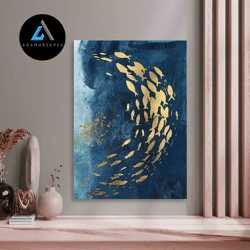 decorative wall art, koi fish abstract gold ocean watercolor original luxury acrylic painting on canvas navy blue large