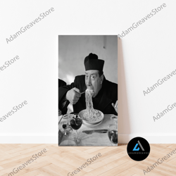 framed canvas ready to hang, man eating pasta black and white vintage old retro photography restaurant kitchen diner wal