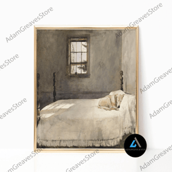 Framed Canvas Ready To Hang, Master Bedroom By Andrew Wyeth Dog Sleeping In Bed Giclee Canvas Print Poster Framed Waterc