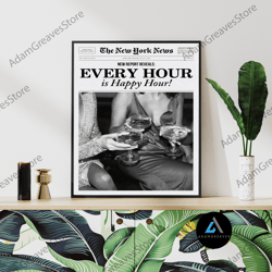 framed canvas ready to hang, trendy newspaper happy hour poster black & white vintage retro photo fashion party bar prep