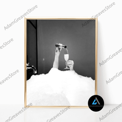 framed canvas ready to hang, woman drinking champagne in bubble bath black & white vintage retro photo fashion bedroom l