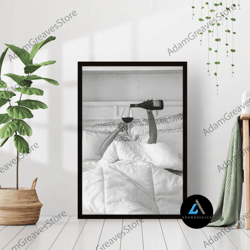 framed canvas ready to hang, woman drinking wine in bed black and white vintage retro photo fashion bedroom happy hour b