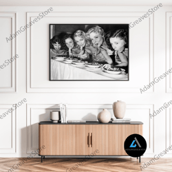 framed canvas ready to hang, women eating pasta black and white vintage old retro photography trendy kitchen diner wall
