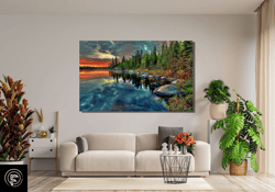 landscape lake around canvas wall art, sunset wall decor, pine tree and lake landscape wall art, modern wall art, landsc