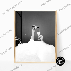 decorative wall art, woman drinking champagne in bubble bath black & white vintage retro photo fashion bedroom luxury wa