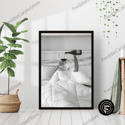 decorative wall art, woman drinking wine in bed black and white vintage retro photo fashion bedroom happy hour bar wall