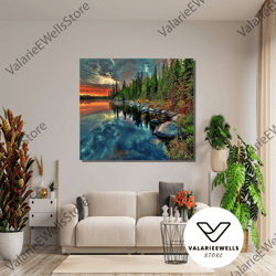 decorative wall art, landscape lake around canvas wall art, sunset wall decor, pine tree and lake landscape wall art, mo