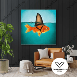 motivation canvas art, fish wearing a shark fin, funny wall canvas art roll up canvas, stretched canvas art, framed wall