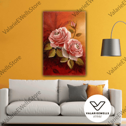 Oil Painting Effect Rose Flower Nature Landscape Water Drop Roll Up Canvas, Stretched Canvas Art, Framed Wall Art Painti