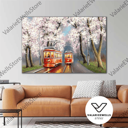 oil painting effect tramway spring landscape roll up canvas, stretched canvas art, framed wall art painting