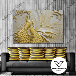 Pair Of Peacocks With 3d Relief Marble Effects Modern Decorative Roll Up Canvas, Stretched Canvas Art, Framed Wall Art P