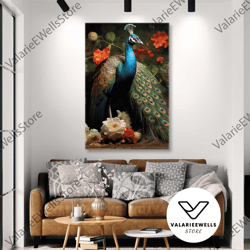 Peacock In Front Of White And Red Roses Roll Up Canvas, Stretched Canvas Art, Framed Wall Art Painting