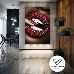 Red Lipstick Wall Art, Diamond Lips Canvas Art, Makeup Wall Decor, Roll Up Canvas, Stretched Canvas Art, Framed Wall Art