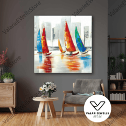 Sailboats Floating In Front Of Cityscape Roll Up Canvas, Stretched Canvas Art, Framed Wall Art Painting-1