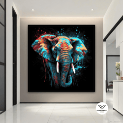 colorful elephant canvas painting, elephant decorative wall art, elephant poster, background black elephant canvas print