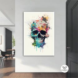 colorfull skull canvas, skeleton canvas painting, skull canvas decor, modern home decor, skull print on canvas, hallowee
