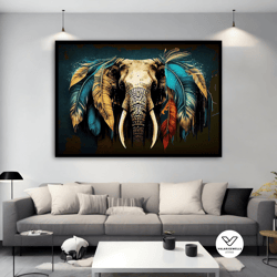 elephant canvas with feathered ears, colorful elephant decorative wall art, elephant lover gift, elephant canvas paintin