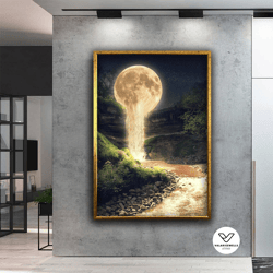 full moon waterfall canvas print, full moon canvas art, surreal landscape painting, flowing moon art print, moon decorat