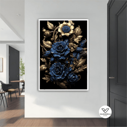 Gold Blue Flower Canvas Art, Flower Decorative Wall Art, Decorative Wall Art, Canvas Art, Framed Canvas Art, Modern Flow