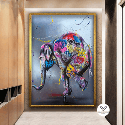 graffiti elephant canvas painting, pop art elephant canvas, colorful elephant canvas wall decor, banksy elephant decorat