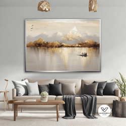 lake landscape painting, mountain and lake landspace decorative wall art, calm lake print, landscape art print, vintage