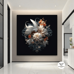 modern white flowers canvas painting, abstract flowers canvas decorative wall art, floral canvas print, modern home deco