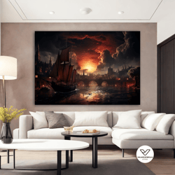 Pirate Ship Canvas Painting, Burning City Canvas, War Landscape Art, Pirate Ship Decorative Wall Art, Sailing Canvas Pri