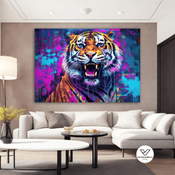 roaring colorful tiger canvas art, big cat canvas, tiger canvas, roaring tiger canvas majestic animal decorative wall ar