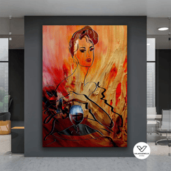 woman and wine glass canvas art, abstract woman canvas print, warm colors decorative wall art, wine glasses art, red win