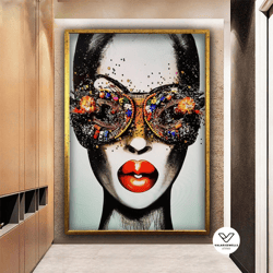 woman with colorful glasses canvas art, pop art woman painting, woman with red lipstick decorative wall art, woman canva