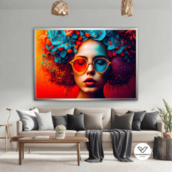 woman with glasses canvas decorative wall art, colorful girl canvas painting, woman with flower crown canvas print, woma