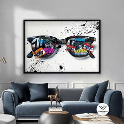 banksy cool glasses graffiti decorative wall art, banksy mural quate,graffiti sunglasses canvas art, colorful sunglasses