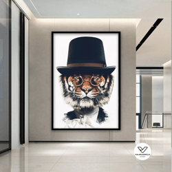 Tiger With Fedor Canvas Print, Suit Tiger Print, Animals Print Home Decoration, Tiger Glasses Decorative Wall Art, Frame