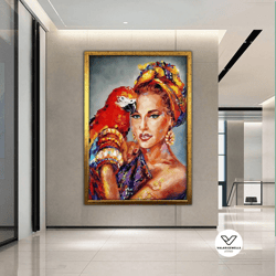 Women And Parrot Canvas Art, Fashion Canvas Print, Parrot Canvas Print, Black Woman Print, Colorful Canvas Print, Framed