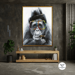 monkey colorful glasses canvas art, drawing effect wall decor, animal poster, decorative wall art canvas design, framed