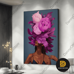 Black Woman Head Flowers Wall Art, African American Black Queen, Flower Woman Poster, Black Art, Black Girl Print, Black