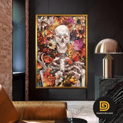 floral skull canvas print, boho skull canvas art print, sugar skull canvas art, gothic flower skull canvas wall art, fra