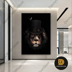 lion with fedora poster, butterfly canvas painting, animals print home decoration, lion design canvas, framed canvas rea