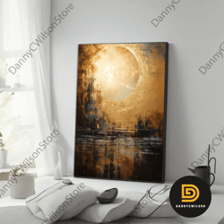 moon canvas painting, abstract city painting, city canvas print, moon home decor, moon wall art, framed canvas ready han