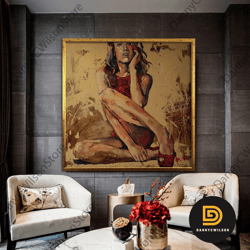 sexy woman in red shoes, nude body canvas, woman art, bedroom, nude canvas print, sexy body decor, erotic art painting,