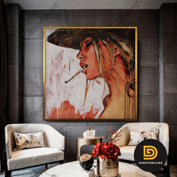 The Woman With Cigarette Face Portrait Canvas,Abstract Woman Smoke Portrait Poster Canvas Wall Art, Woman Fashion Art, F