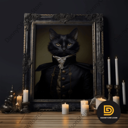Admiral Meow Reporting For Duty, Victorian Cat Portrait Art, Framed Canvas Print, Gothic Dark Academia Wall Art